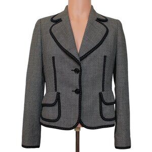Escada Womens Wool Blazer Size 38 Black White Patterned Trim Tailored Designer
